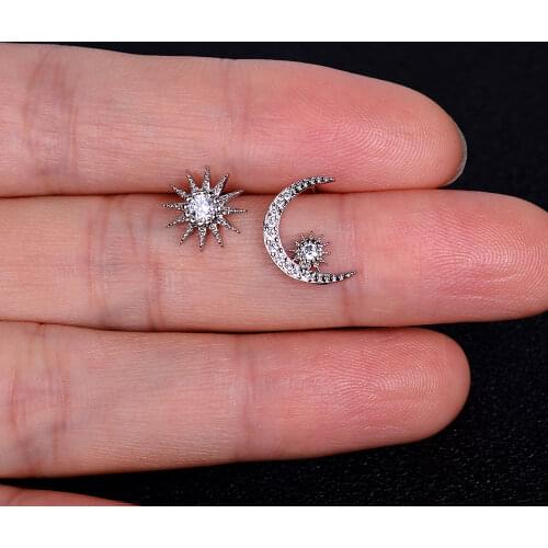 New Arrival Crystal CZ Trendy Abstract Star Studs Earrings Sun Moon Asymmetric Small Earrings For Women Party Fashion Jewelry