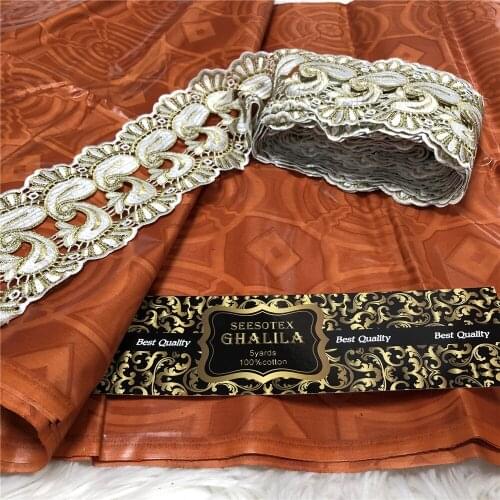 New African Cotton Ghalila Shiny Orange Bazin Riche Fabric 5yards with 10yards cord lace matching guipure lace fabric 100%cotton