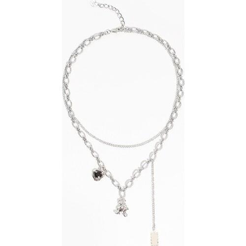 Original metal style European and American cute bear fashion trend womens double chain tassel necklace