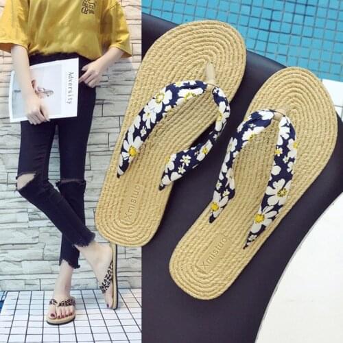 Casual Beach Slippers Women Flip Flops Hemp Flat Slides Bohemian Printed Flower Slippers Summer Shoes Woman Outdoor Sandals 2019