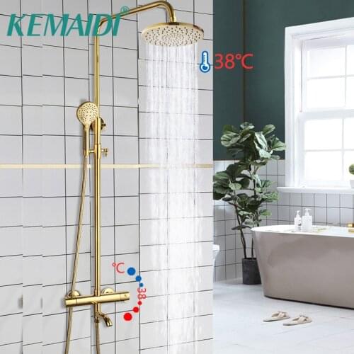 KEMAIDI Bathroom Thermostatic Bathtub Shower Faucet Golden Plated Rainfall 3 Ways Shower Head Mixer Shower Faucets Set