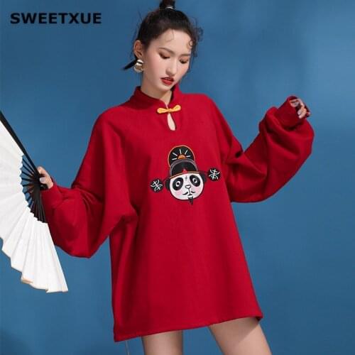 SWEETXUE Chinese style embroidered Hooded Hoodies knitted cotton casual loose Sweatshir Female Women