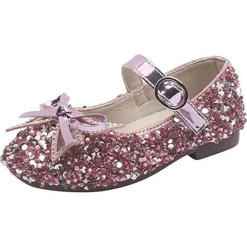 Girls Leather Shoes Rhinestone Pink Princess Shoes New Children Bow Soft-Sole Girls Performance Dance Single Shoes G97