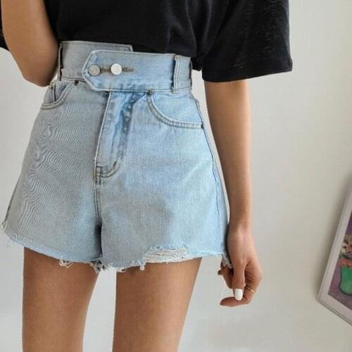 High Waist Summer Denim Shorts Women Double Buttons Wide Leg Jeans Shorts Light Blue Ripped Designer Short Pants Casual Z278