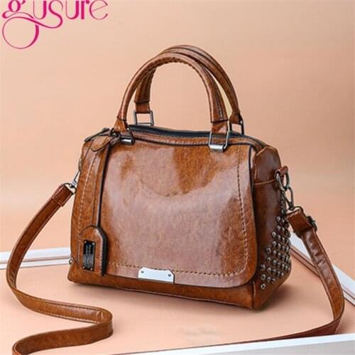 Gusure Rivet Women Handbags High Quality PU Leather Totes Office Lady Shoulder Bags Wild Boston Handbag Large Capacity Bolsos