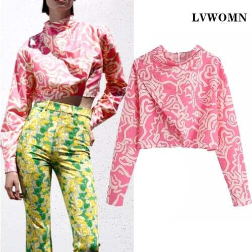 LVWOMN Za Women Blouses Fashion 2021 Summer Elegant Print Long Sleeve Top Woman Chic Bow Tie Short Shirts Sexy Blusas Chic Tops