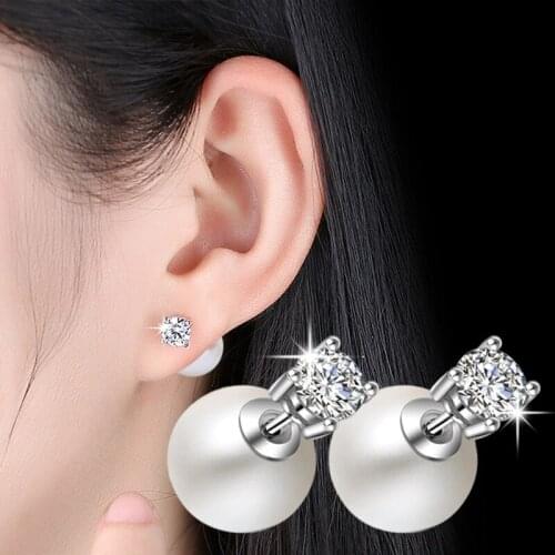 Cubic Zircon 925 Sterling Silver Crown Double Pearl Stud Earrings Two Wear Ways Jewelry For Women
