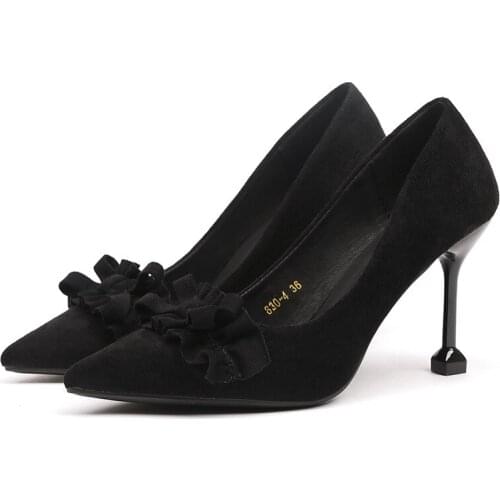 2019 spring new fashion wild shallow mouth single shoes bow suede pointed stiletto heels female cat shoes