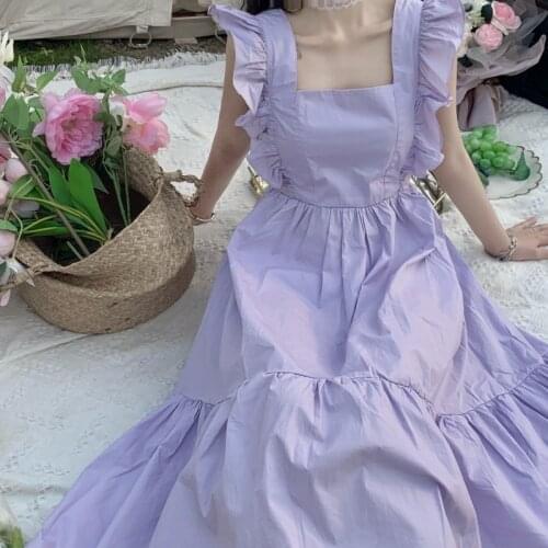 Sweet Purple Fairy Long Sundress Women Summer New Romantic Thin Open Back Dress French Niche Flying Sleeves A Line Beach Dress