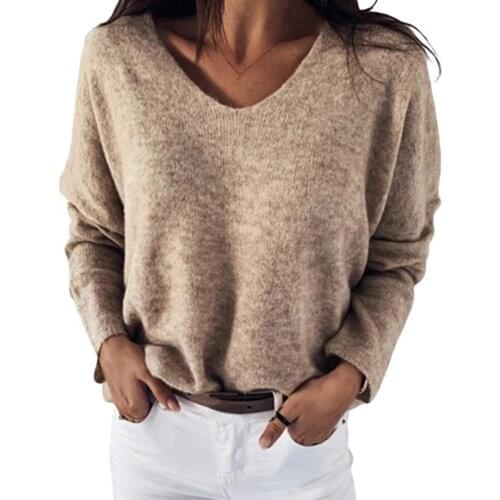 Women Autumn Loose Solid Color V Neck Long Sleeve Plush Pullover Sweater Top