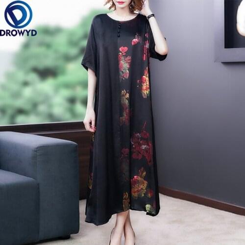 Fashion 2021 New Natural Silk Women Dresses Casual Loose Short Sleeve Summer Elegant Flowers Printing Lady Dress Party Vestidos