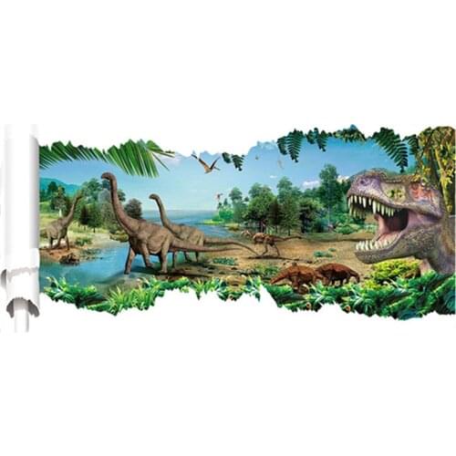Jurassic animal world fake scroll mural 3d Dinosaur vinyl wall stickers kids room decoration cartoon poster wallpaper 90*50cm