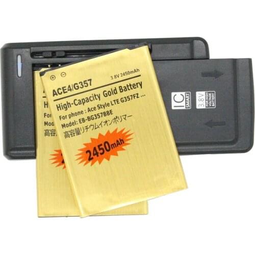 2x 2450mAh EB-BG357BBE Gold Replacement Battery + Universal Charger For Samsung Galaxy ACE 4 SM-G357 G357 SM-G357FZ G357F