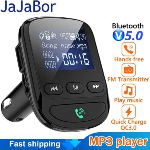 JaJaBor FM Transmitter Bluetooth 5.0 Car Kit Handsfree AUX Audio Receiver Car MP3 Player Large Screen QC3.0 USB Car Charger