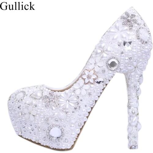 Gullick White Pearls Beaded Wedding Heels Shoes For Woman Sexy Crystal Platform Pumps Round Toe Slup-on Party Dress Shoes