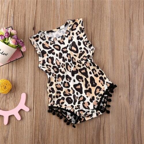 Free shipping Cute Newborn Baby Girls Clothes Leopard print Tassel cotton Jumpsuit round neck sleeveless Bodysuit one pieces