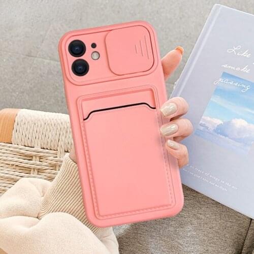 Slide Camera Protector Card Slots Wallet Phone Case For iPhone 11 12 Pro Max XS X XR 7 8 Plus SE Mini Soft Liquid Silicone Cover
