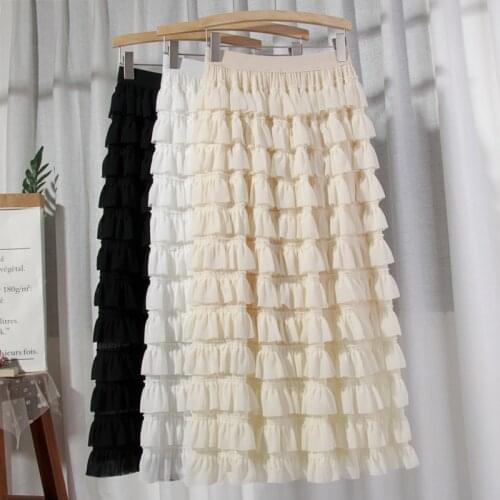 Spring Summer Lush Cakee Layered A-line Maxi Long Chiffon Skirts Sweet Fairy Solid Beig/White Tiered Ankle Long Skirts Black