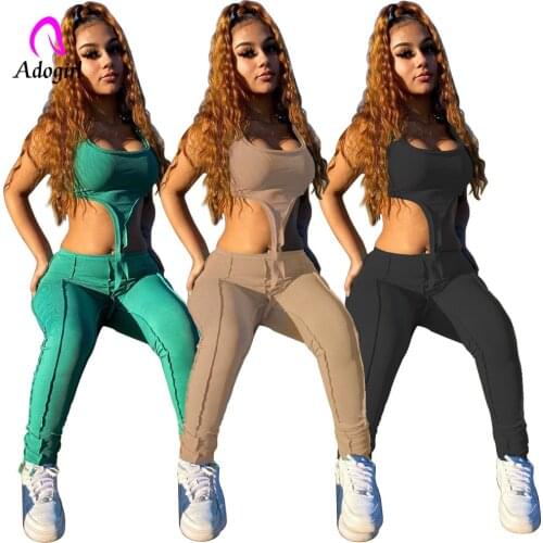 Fitness Women 2 Piece Set Irregular Crop Tank Top Skinny Pencil Pants 2021 Summer Sexy Club Party Outfits Solid Sport Jogger Set