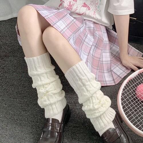 Women White Harajuku Leg Warmers Japanese Loose Boots Stockings Cute Girl Uniform Cosplay Accessories Knitted Foot Warmer T417