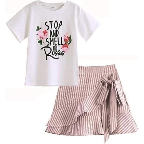 Ins Children Girls Casual Summer Floral Print Short Sleeve T-shirt+Mini Striped Skirts Suits 2Pcs Costume Set