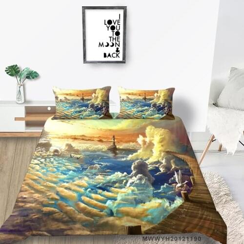 Cartoon Pier Bedding Set For Kids 3D Lighthouse Duvet Cover Sea Print Full Twin Single Double Queen King Artistic Bed Set Clouds