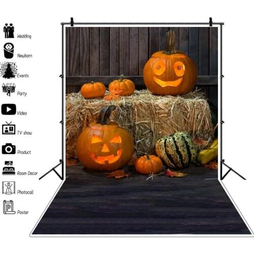 Laeacco Dark Wood Floor Happy Halloween Festivals Pumpkin Haystack Child Baby Photozone Portrait Photo Backdrop Photo Background