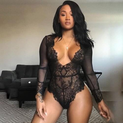 Summer Black Very Sexy Bodysuits Women Lace Rompers Party Bodysuit Skinny Long Sleeve Deep V-neck Club Tulle Female High Street