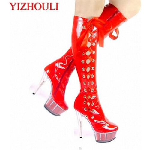 Brides red ribbon hollow boots, wedding dress shoes, 13-15cm top boot sale Dance Shoes