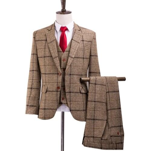 Mens Suits 3 Pieces Lapel Collar Plaid Formal Tweed Suit Slim Fit Casual Business Dress Suits Wedding Grooms Blazer Pants Vest