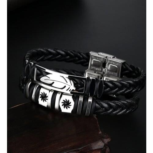 2021 Fashion Jewelry Stainless Steel Handmade Weave Leather Bracelet Men Vintage Titanium Steel Leaves Cuff Bracelet Pulseira