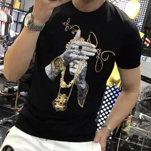 2021 Summer New Casual Male T-shirts Man Crown Bee diamond Men T Shirts Fashion Black/white rhinestone Man T-shirt