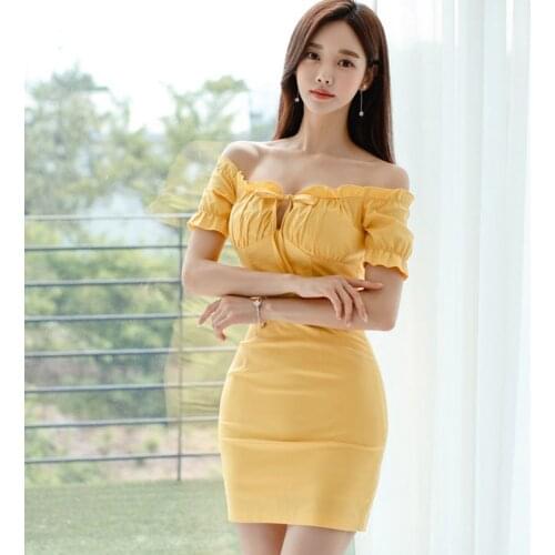 New arrival fashion backless cute dress women elegant summer temperament office lady simple fresh mini off shoulder pencil dress