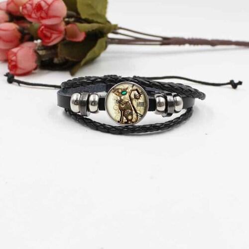 New steampunk cat pendant crystal glass bracelet woven leather jewelry accessories