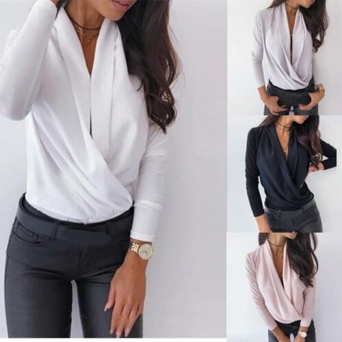 Autumn Sexy Womens Top Long Sleeve Solid Color Deep V-Neck Fashion Office Pullover Womens Shirt ST19274 Top For Women