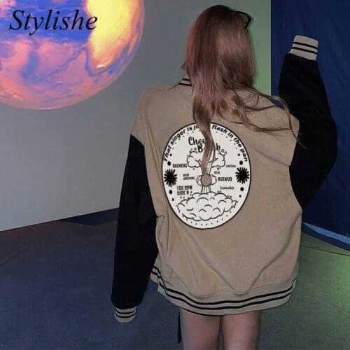 Autumn Winter Oversized Bomber Jacket Women Harajuku Colorblock Fleeced Female Baseball Jackets Vintage Preppy Couple Outerwear