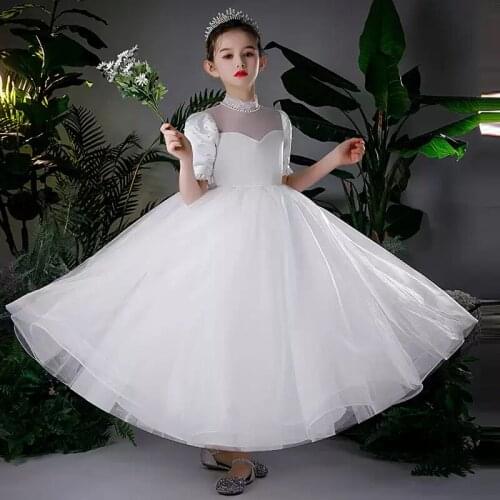 Flower Girl Dresses Illusion High Princess Floor-Length Pearls Sweet Lace Tulle Short Luxury White Elegant Kids Party Gown H422