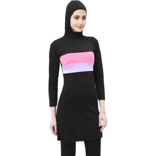 Pink Women Stripe Printed Muslim Swimwear Hijab Muslimah Islamic Plus Size Swimsuit Swim Surf Wear Sport Burkinis 5XL