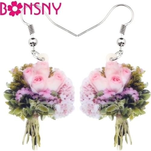 Bonsny Statement Acrylic Pink Rose Flower Earrings Drop Dangle Fashion Trendy Jewelry For Women Girls Wedding Gift Bijoux Charms