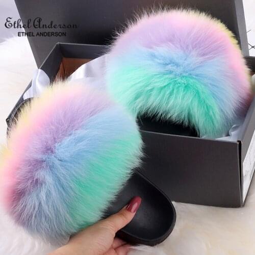 ETHEL ANDERSON Fur Slippers Women Real Fox Fur Slides Furry Flat Sandals Female Cute Fluffy Shoes