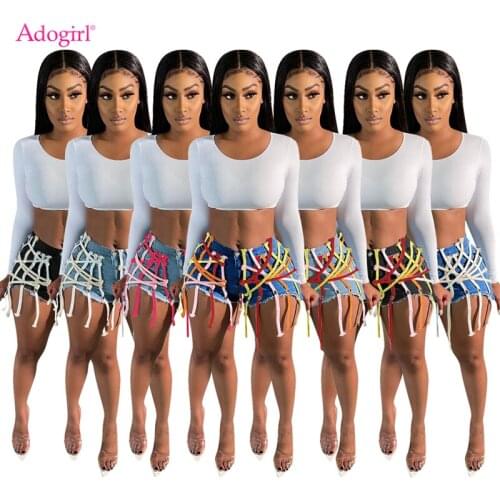 Adogirl Grommet Cross Ribbon Women Jeans Shorts Button Fly Fashion Sexy Summer Denim Pants Casual Trousers
