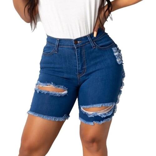 Women Denim Shorts Blue Sexy Hole High Waist Straight Lady Jeans Shorts 2021 Summer New Stretch Ripped Streetwear Short Jeans