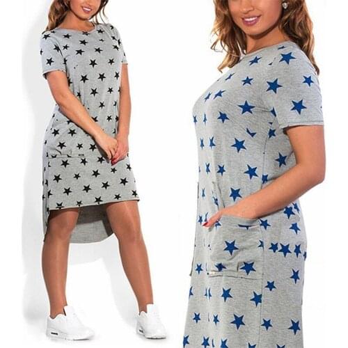 2020 New Fashion Casual Temperament Womens Clothing Loose Large Size Short Sleeve Round Neck Irregular Star Pattern Dress