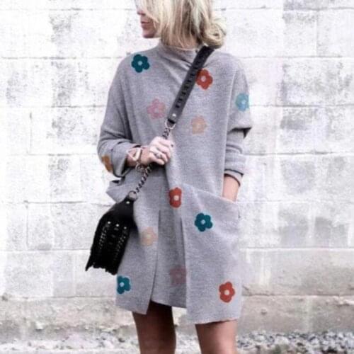 Autumn flower print mini shift dress sukienka women double pocket long sleeve o-neck straight dress Plus size dress for women