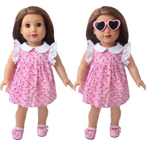 18 Inch American Doll Girls Clothes Summer Cute Pink Print Dress Born Baby Toys Accessories Fit 43 Cm Boy Dolls Gift D22