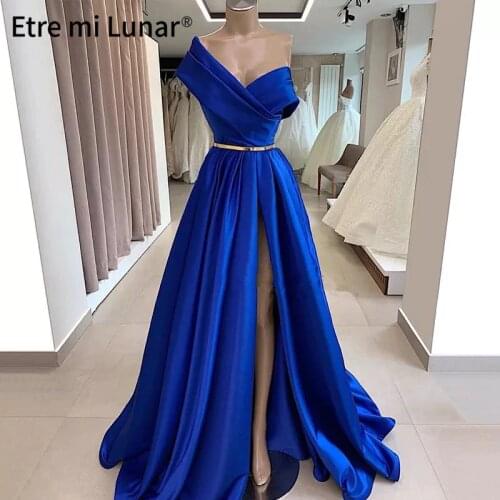 2020 Simple Design Royal Blue Long Prom Dresses Arabic Off Shoulder Formal Evening Dress With Sashes Turkish Vestido LE40730
