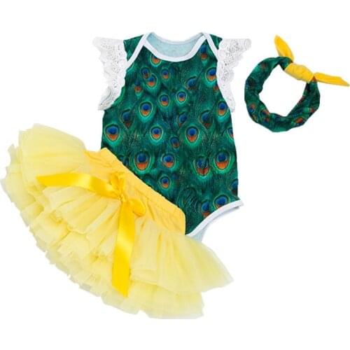3pcs/set Fashion Infant Baby Girls Tutu Sets Peacock Feather Style Bodyuits+Tutu Skirts+Bowknot Hairband Bebes Clothing Sets