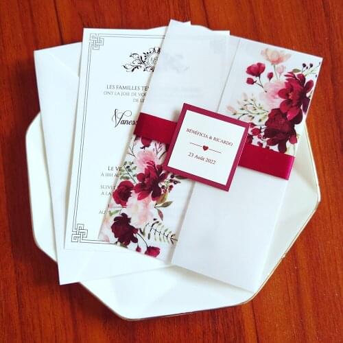 50X Floral Vellum Wedding Party Invitation With Ribbon And Tag DIY Transparent Wrap Greeting Cards For Bridal Shower Anniversary
