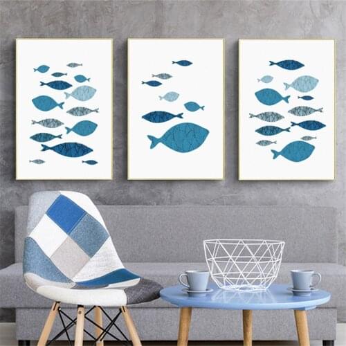 Abstract Art Blue Fish Ocean Stretched Poster Canvas Print Painting Wall Art Bedroom Home Decoration