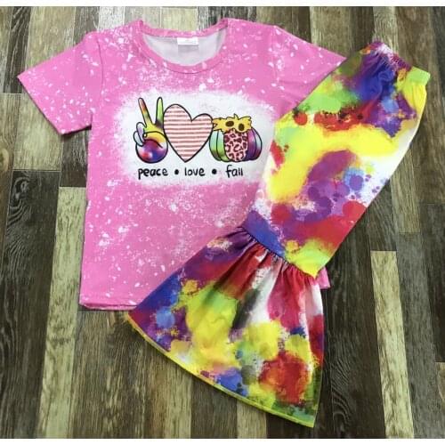 Kids summer Clothing Baby girl peace and love color leopard print pumpkin pink flare top tie-dyed color bell bottom trouser set